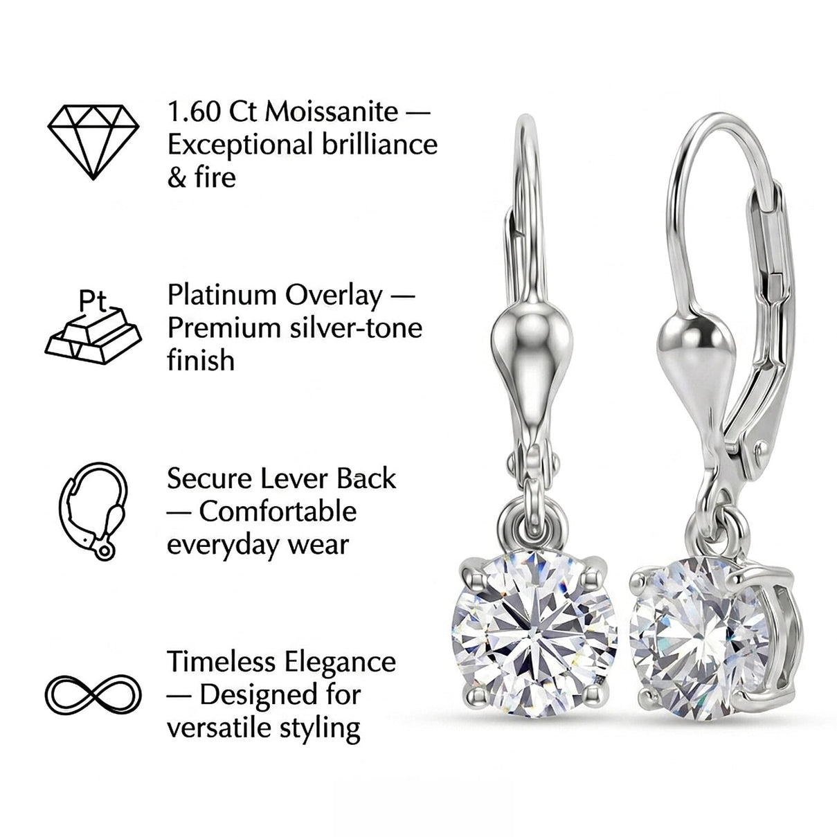 Royal Bali Collection - D'Joy Moissanite Solitaire Earring with Lever Back in Platinum Overlay Sterling Silver 1.60 Ct 8547685 5