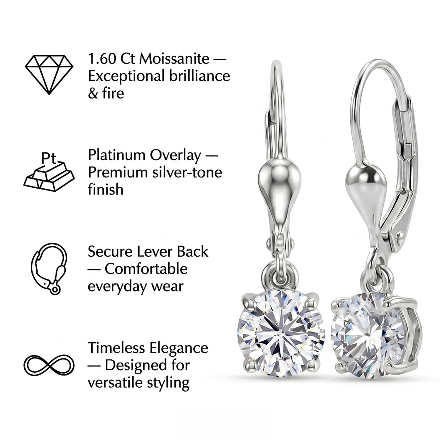Royal Bali Collection - D'Joy Moissanite Solitaire Earring with Lever Back in Platinum Overlay Sterling Silver 1.60 Ct 8547685 5