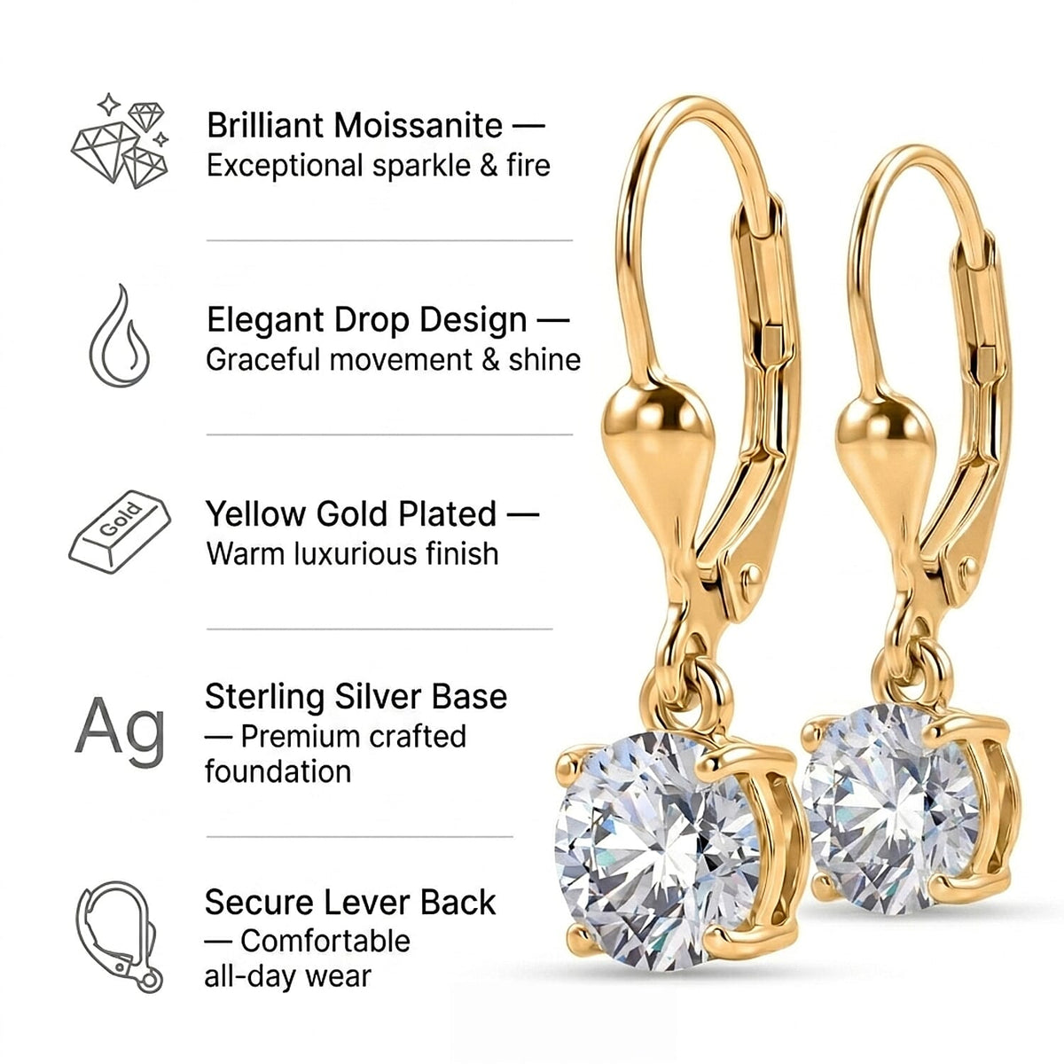 D'Joy Moissanite Solitaire Earring with Lever Back in 18K Vermeil Yellow Gold Plated Sterling Silver 2.00 Ct. V32611218 5