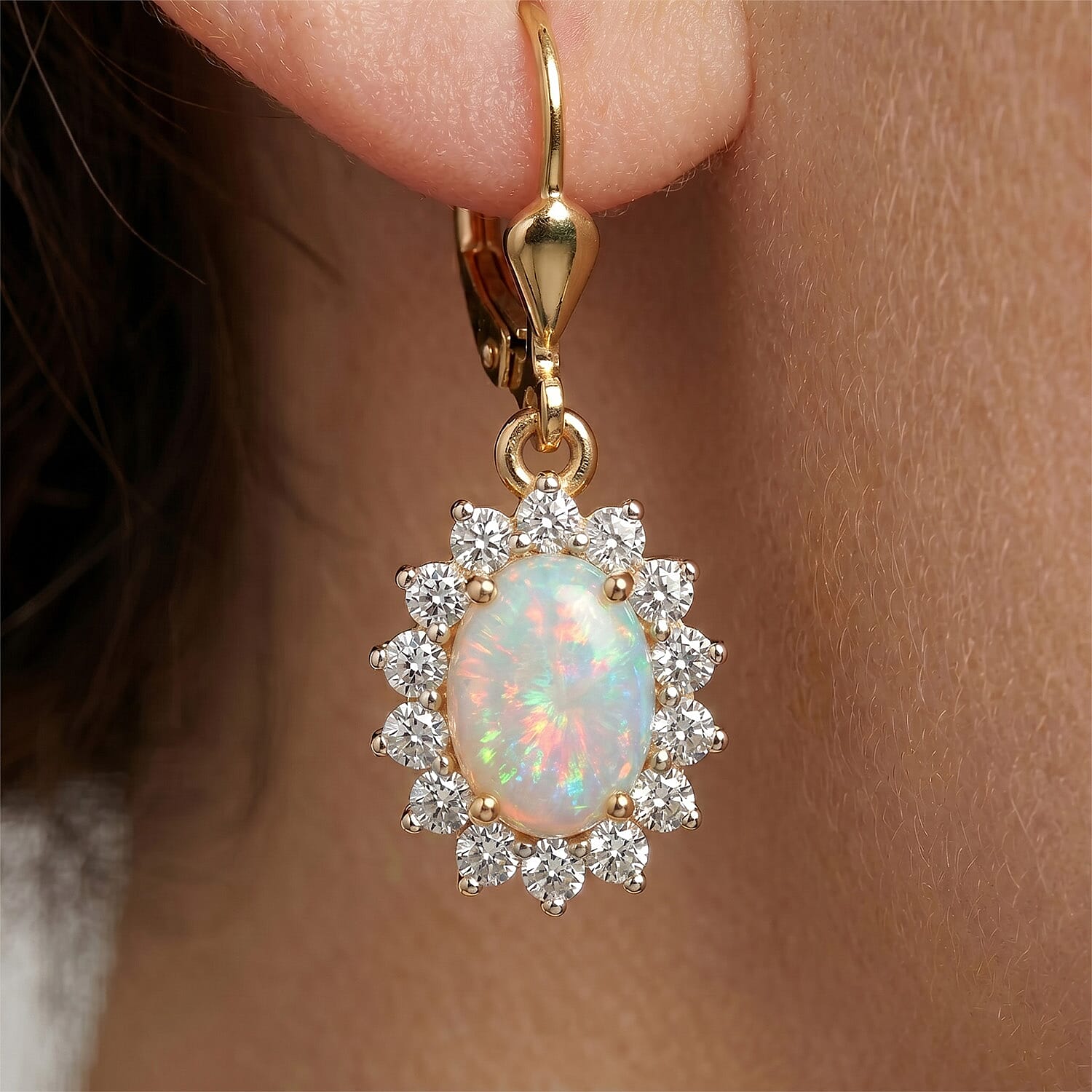 Royal Bali Collection - D'Joy Ethiopian Opal &amp; White Zircon Earring with Lever Back in 18K Vermeil Yellow Gold Plated Sterling Silver  1.17 Ct. 8557236 5