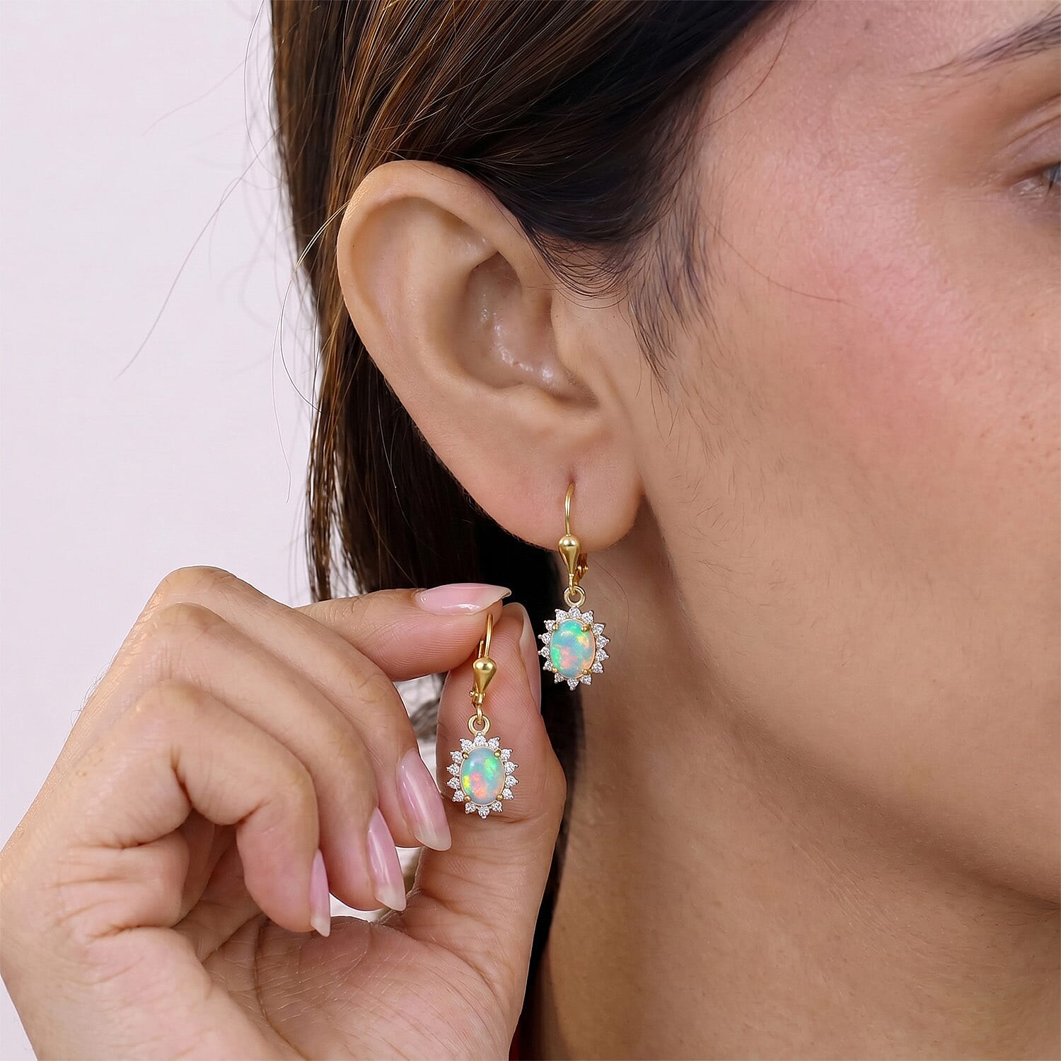 Royal Bali Collection - D'Joy Ethiopian Opal &amp; White Zircon Earring with Lever Back in 18K Vermeil Yellow Gold Plated Sterling Silver  1.17 Ct. 8557236 7