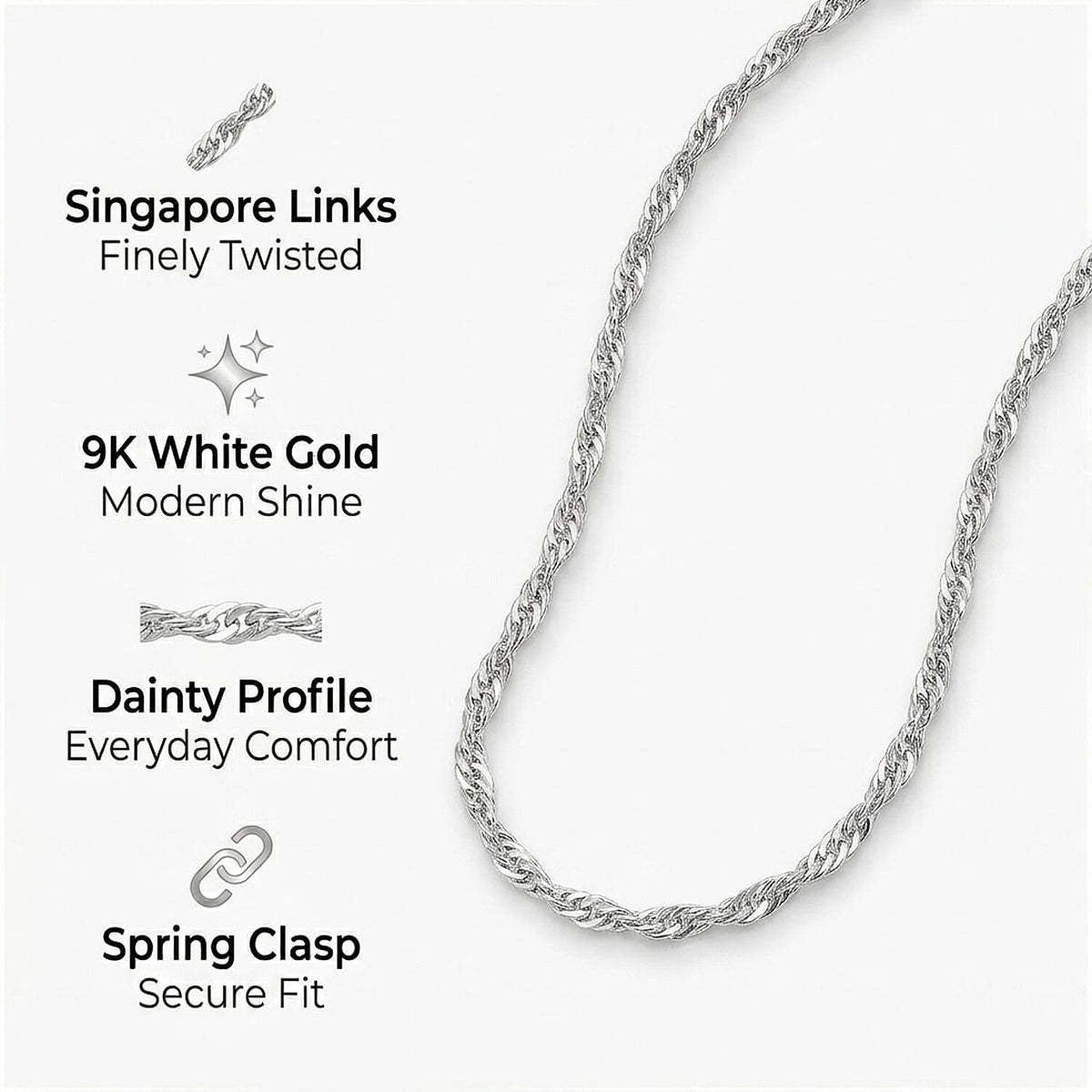 9K White Gold 0.9MM Twist Curb Chain with Spring Ring Clasp 18 Inch V32575242 5