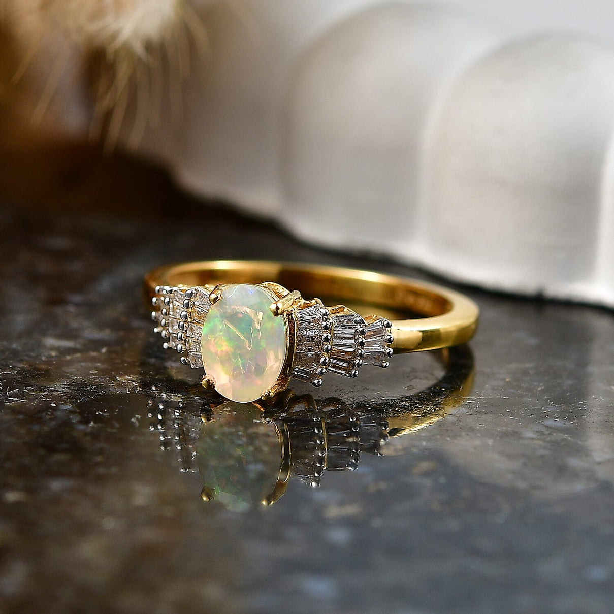 THE BALLERINA QUEEN - Premium  Ethiopian Opal &amp; Natural White Diamond Ballerina Ring in Yellow Gold Plated Sterling Silver 0.60 Ct. 8608974 3