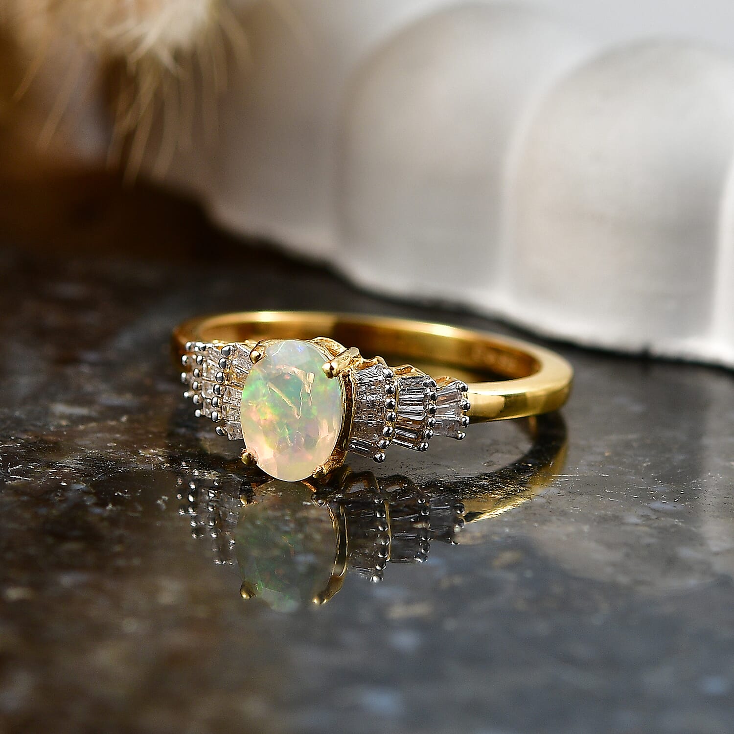 THE BALLERINA QUEEN - Premium  Ethiopian Opal &amp; Natural White Diamond Ballerina Ring in Yellow Gold Plated Sterling Silver 0.60 Ct. 8608974 3