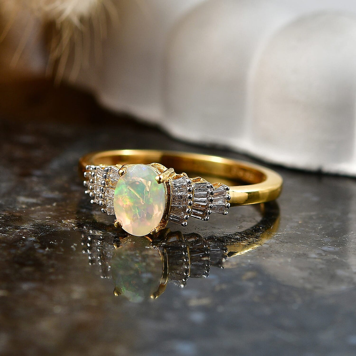 THE BALLERINA QUEEN - Premium  Ethiopian Opal &amp; Natural White Diamond Ballerina Ring in Yellow Gold Plated Sterling Silver 0.60 Ct. 8608974 5