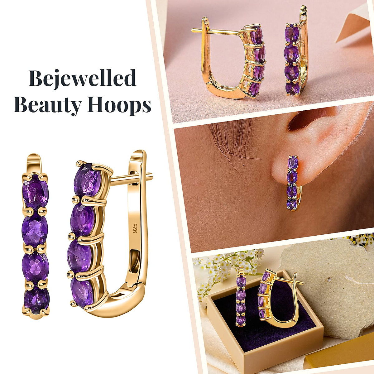 Amethyst February Birthstone Hoop Earrings in Sterling Silver with 18K Vermeil Yellow Gold 8743532 2