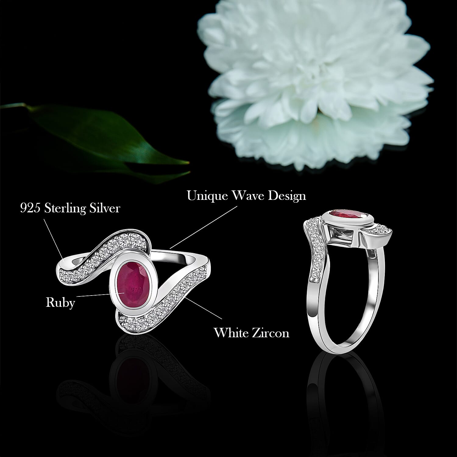 1.48 Ct African Ruby and Cambodian Zircon Bypass Ring in Sterling Silver with Platinum Plated 8851824 3
