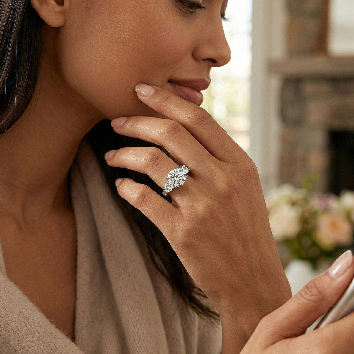 Moissanite Trilogy Ring in PIatinum Overlay Sterling Silver 3.39 Ct 8860117 3