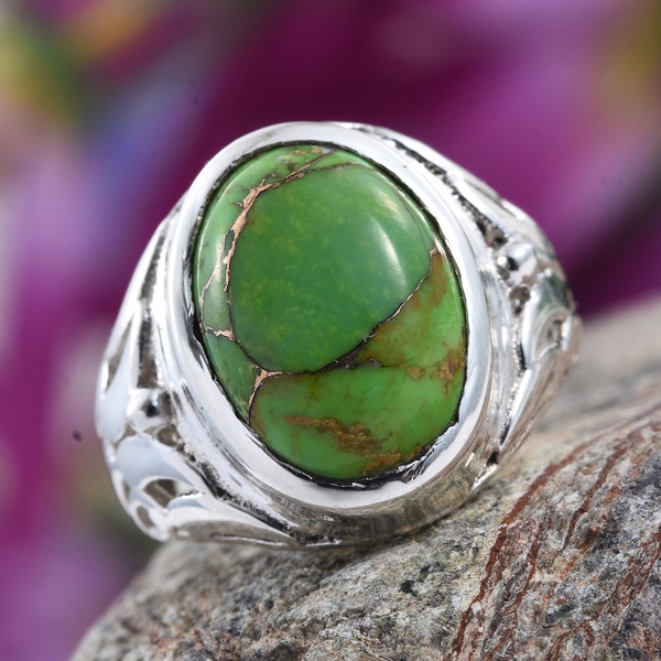 Close Out Deal-Mojave Green Turquoise (Ovl) Solitaire Ring in Rhodium Plated Sterling Silver 5.110 Ct.