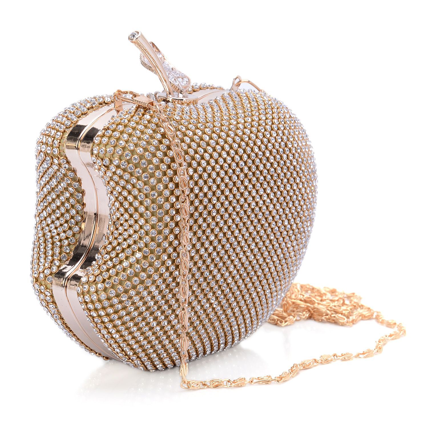 Austrian Crystal Diamante Clutch Bag in Gold Tone with Removable Chain Strap (Size 13x12 Cm)