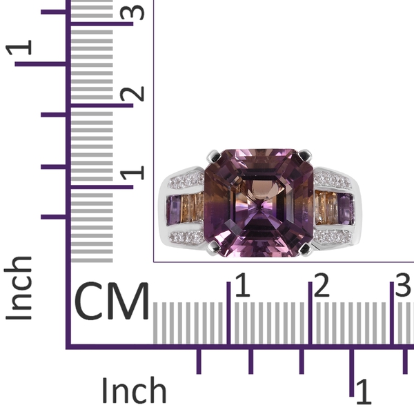 Limited Edition- Anahi Ametrine ( Very Rare Asscher Cut-10.00 Ct), Amethyst, Citrine and Natural White Cambodian Zircon Ring in Rhodium Overlay Sterling Silver 10.965 Ct,