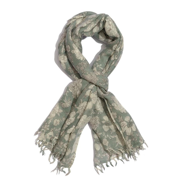 100% Merino Wool Green and Off White Colour Flower Printed Scarf (Size 190x70 Cm)
