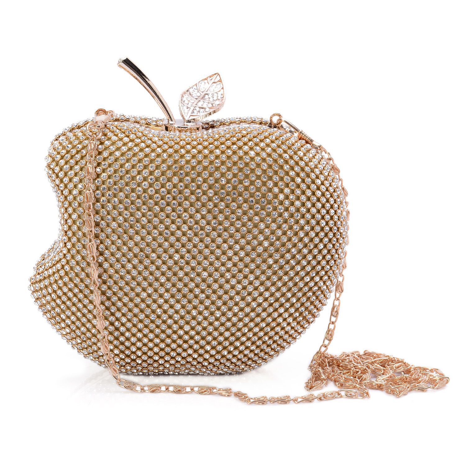 Austrian Crystal Diamante Clutch Bag in Gold Tone with Removable Chain Strap (Size 13x12 Cm)
