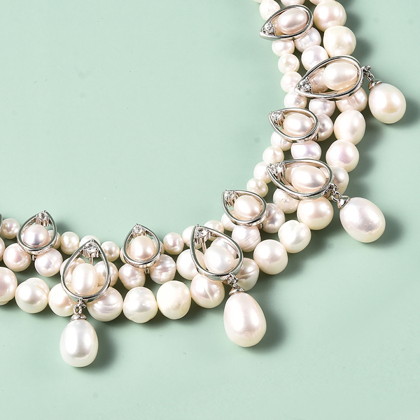 LucyQ Pearl Drop Collection - White Freshwater Pearl and Natural Cambodian Zircon Necklace (Size 19) in Rhodium Overlay Sterling Silver