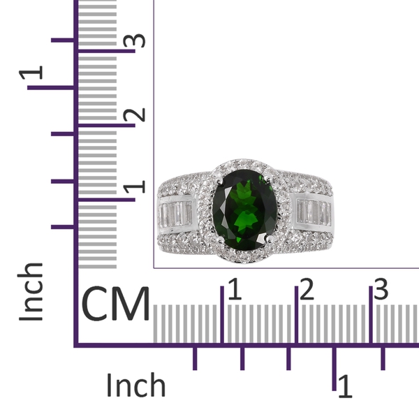 Collectors Edition Chrome Diopside (Ovl 10x8mm), Natural White Cambodian Zircon Ring in Rhodium Overlay Sterling Silver 4.605 Ct, Silver wt 5.72 Gms.