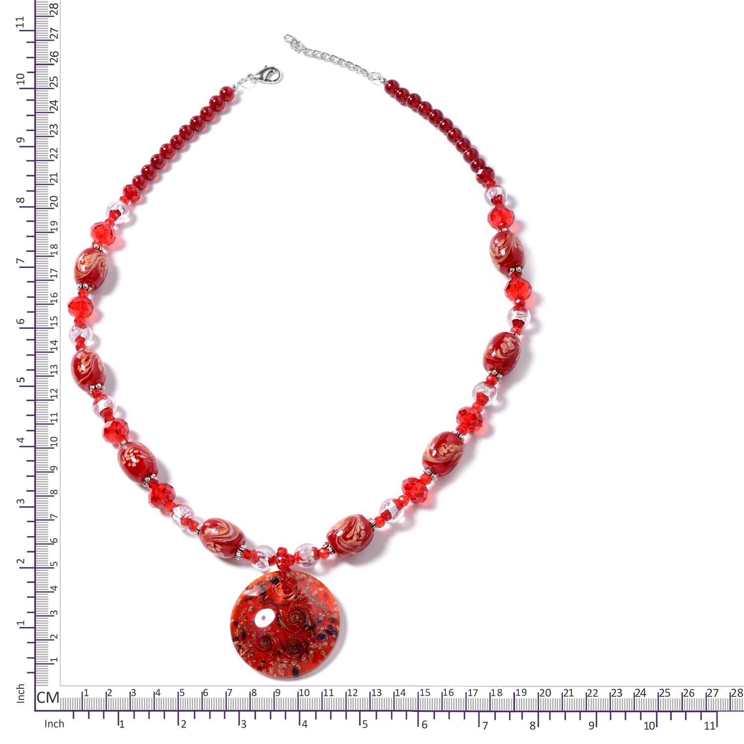 Red Murano Style Glass and Simulated Ruby Beads Necklace (Size 28 with 3 inch Extender) in Silver Plated