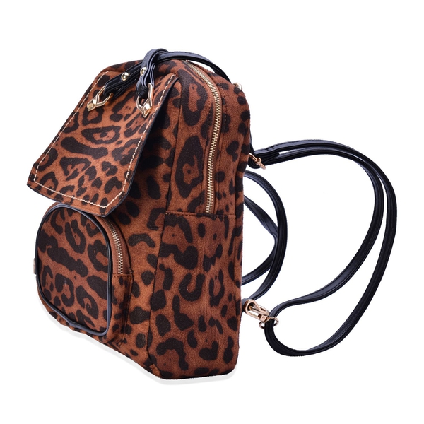 Leopard Pattern Chocolate Colour Multi Function Back Pack with External Zipper Pocket and Adjustable and Removable Shoulder Strap (Size 32x27x10 Cm)