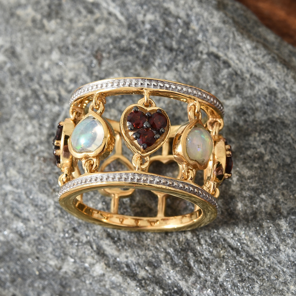 GP Ethiopian Welo Opal (Hrt), Mozambique Garnet and Kanchanaburi Blue Sapphire Heart Band Ring in 14K Gold Overlay Sterling Silver 1.500 Ct, Silver wt 7.90 Gms.