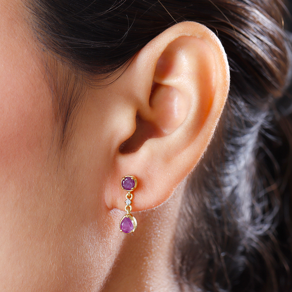 Moroccan Ruby and Natural Cambodian Zircon Earrings (with Push Back) in 14K Gold Overlay Sterling Silver 1.46 Ct.