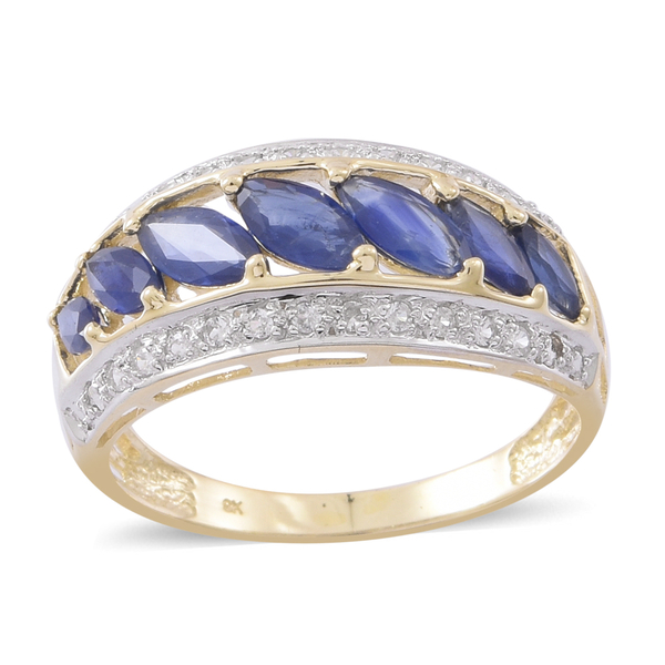 9K Yellow Gold AAA Kanchanaburi Blue Sapphire (Mrq), Natural Cambodian Zircon Ring 3.150 Ct.