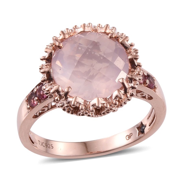 GP Rose Quartz (Rnd 6.15 Ct), Pink Tourmaline and Kanchanaburi Blue Sapphire Ring in Rose Gold Overl