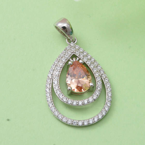 Simulated Champagne and Simulated White Diamond Pendant in Rhodium Overlay Sterling Silver
