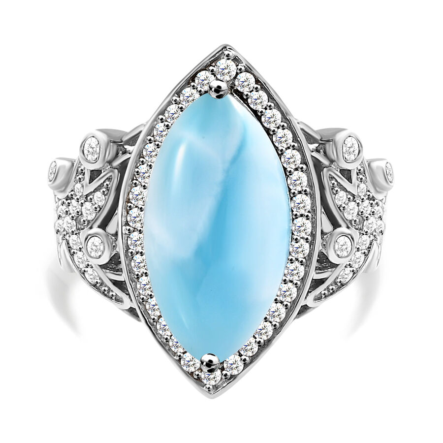 The Star Of Atlantis - Larimar and Natural Zircon Ring in Platinum Overlay Sterling Silver 7.00 Ct