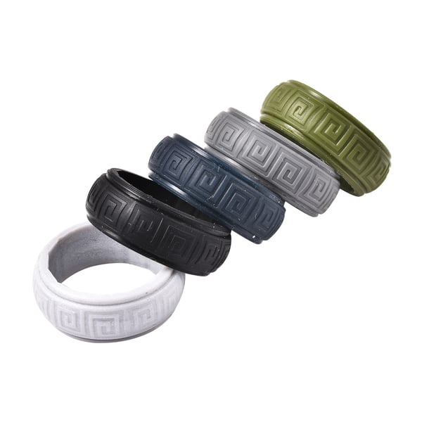 MP Set of 5 -  Silver, Dark Grey, Dark Blue, Black and Olive Colour Band Rings (Size R)