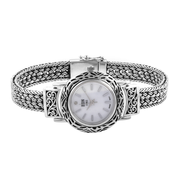 Royal Bali Collection EON 1962 Swiss Movement Water Resistant Watch (Size 8) with Mother of Pearl Dial in Sterling Silver, Silver Wt. 45.00 Gms