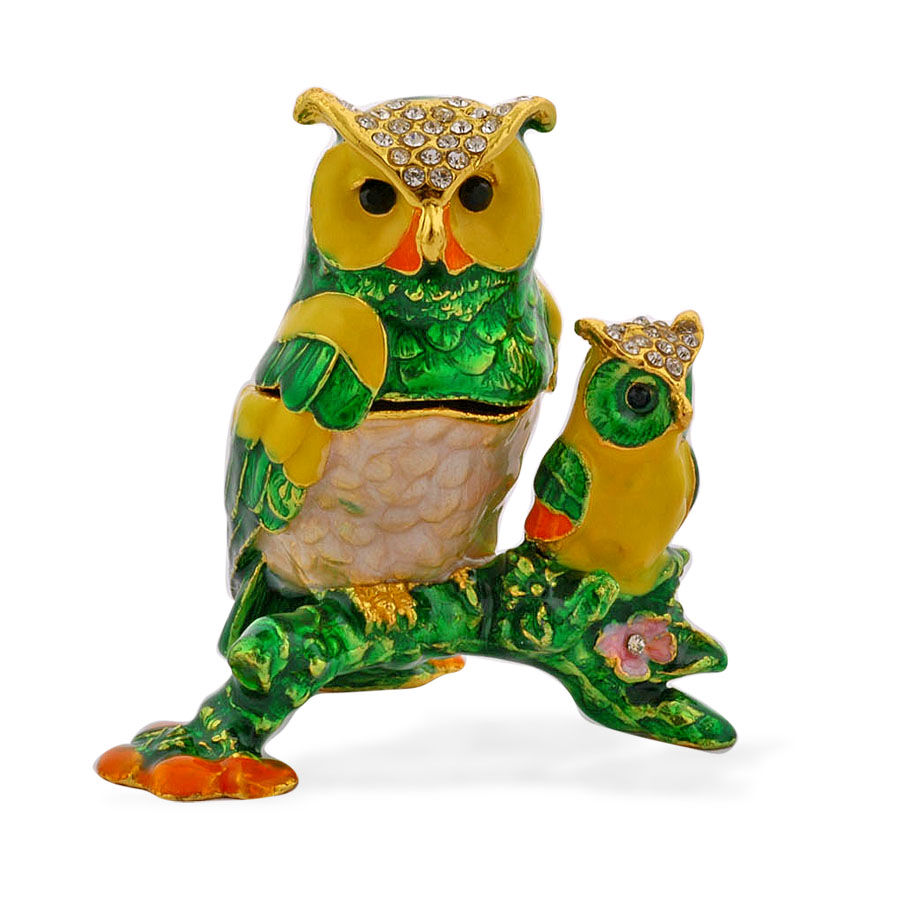Two Owl Enameled Trinket Box in Gold Tone Decorated with White and Green Austrian Crystal