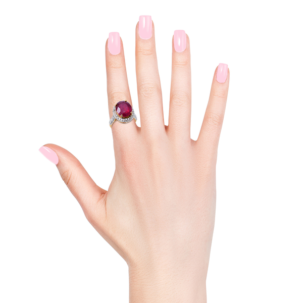 African Ruby (Ovl 6.75 Ct), Natural White Cambodian Zircon Ring in 14K Gold Overlay Sterling Silver 8.500 Ct.