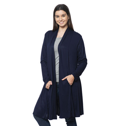 Duster Cardigan with Long Sleeves and Side Pockets in Navy Blue ...