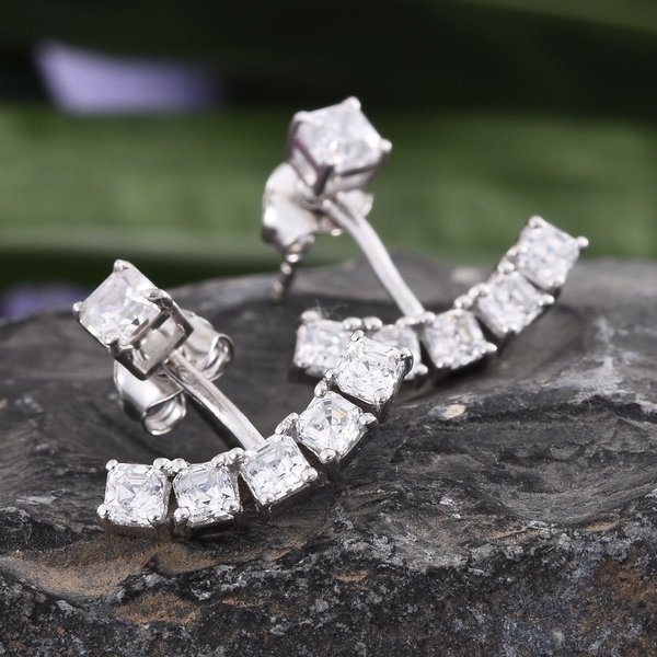 Lustro Stella - Platinum Overlay Sterling Silver (Asscher Cut) Jacket Earrings (with Push Back) Made with Finest CZ