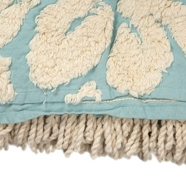 100% Cotton Teal and Cream Colour Tufted Bed Cover with Fringes (Size 260X240 Cm) and 2 Pillow Cases(Size 70X50 Cm)