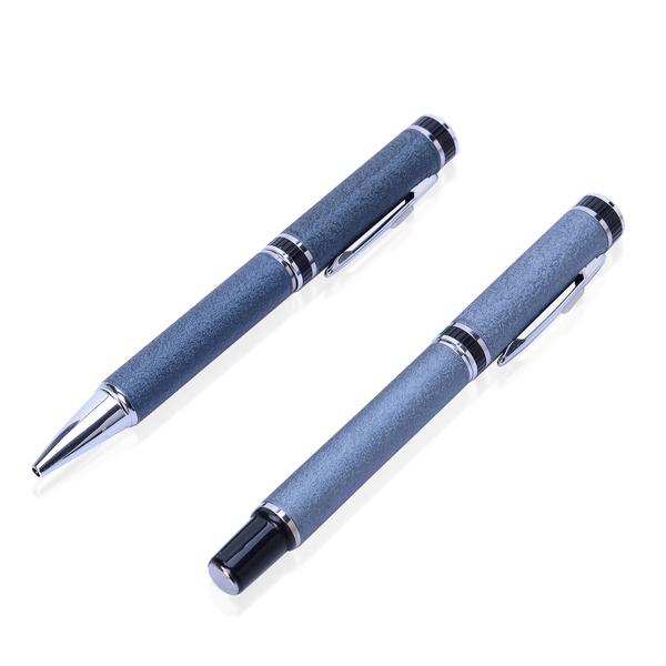Set of 2 - Blue Satin Plated Silver Tone Ball Point and Roller Pen (Black Ink) with White Glass in a Box