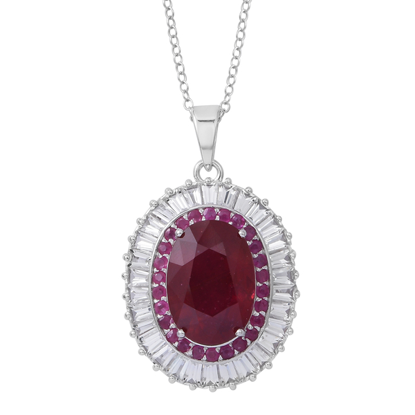 12 Ct African Ruby and Multi Gemstone Double Halo Pendant with Chain in Rhodium Plated Silver