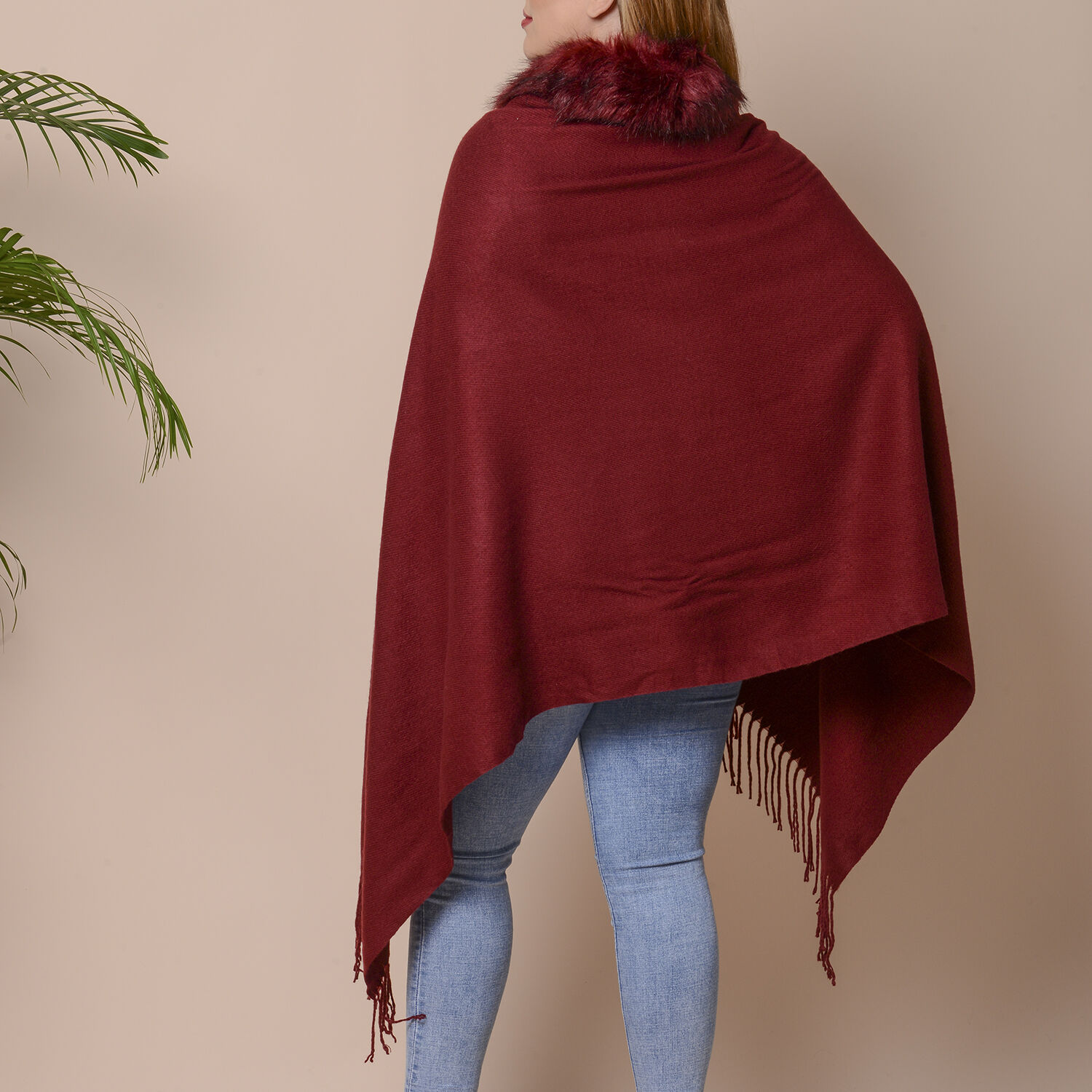 Designer Inspired Faux Fur Trimmed Cape - Wine Red (One Size; 170x77+10cm)