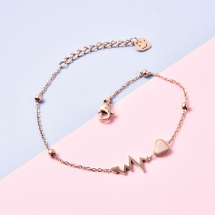 Heart and Heartbeat Bracelet (Size 7 with 1 inch Ext.) in Rose Gold Tone Stainless Steel