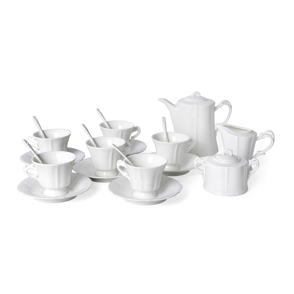 22 Piece Set - Embossed Tea Set (Consists of 6 Cups, 6 Saucers, 7 Spoons, 1 Sugar Jar, 1 Milk Jar, 1