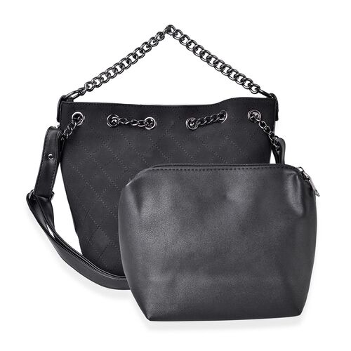 Set of 2 - Black Colour Handbag with Chain Strap (Size 31X26X21X13.5 Cm) and Pouch (Size 22X18X9 ...
