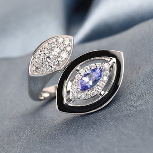 GP Tanzanite, Natural Cambodian Zircon and Blue Sapphire Enamelled Bypass Ring in Platinum Overlay S