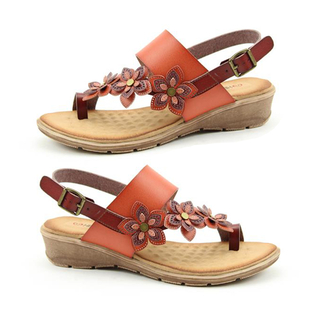 Heavenly Feet Faux Leather Floral Detailing Sandals with Buckle Closure - Orange