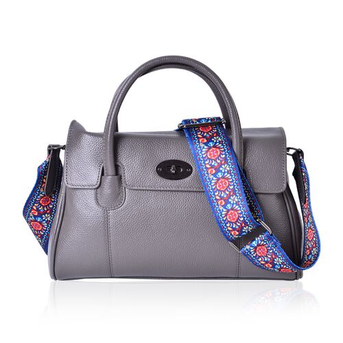 Designer Inspired-100% Genuine Leather Cashmere Grey Tote Bag with Colourful Shoulder Strap ...