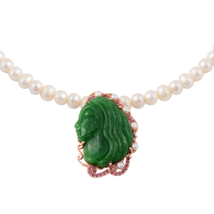 Face Carved Green Jade and Multi Gemstone Beaded Necklace in Rose Gold Plated Silver 18 Inch