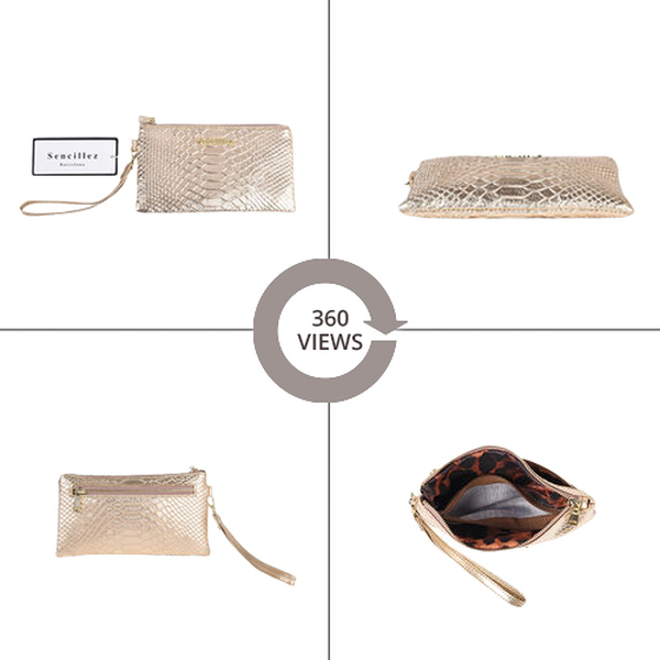 Sencillez 100% Genuine Leather RFID Snake-Skin Embossed Clutch Wallet in Gold Colour
