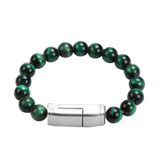 Green Tiger Eye Beads Bracelet (Size 7.75) with Micro USB Cable in Silver Tone 75.00 Ct.