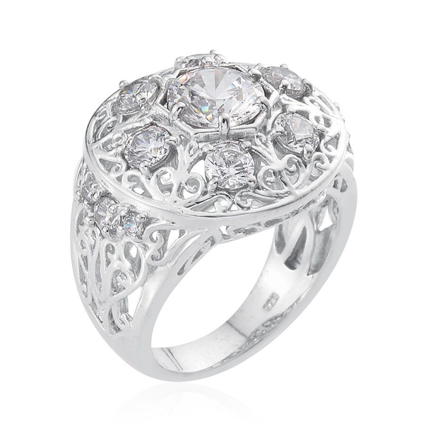 Lustro Stella - Platinum Overlay Sterling Silver (Rnd) Ring Made with Finest CZ, Silver wt 7.84 Gms.