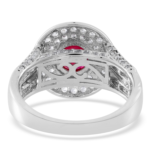 Designer Inspired - African Ruby (Rnd), Natural White Cambodian Zircon Ring in Rhodium Plated Sterling Silver 4.750 Ct. Silver wt. 5.50 Gms.