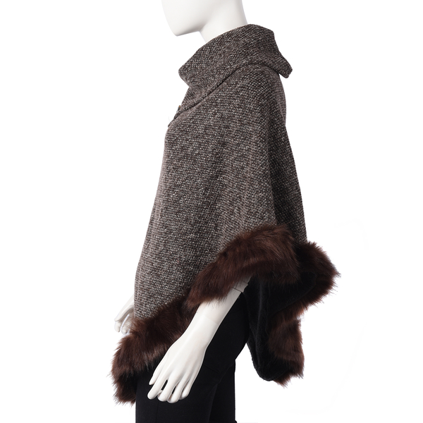 Super Soft Faux Fur Warm Poncho with Fluffy Edges (Size 80x90 Cm) - Brown