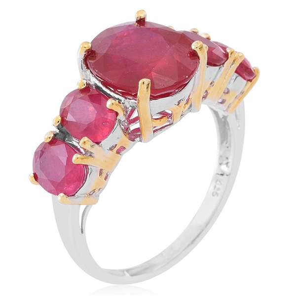 African Ruby (Ovl 6.00 Ct) 5 Stone Ring in Rhodium and Gold Overlay Sterling Silver 10.000 Ct.